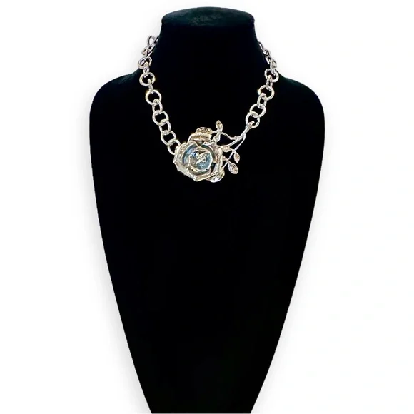 BOLD ROSE | Dramatic Sculpted Silver Rose Choker Necklace | NWOT - Picture 2 of 12